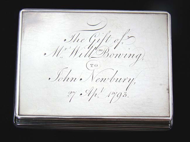A fine late 18th century engraved English Silver Tobacco Box with presentation inscription — image 2